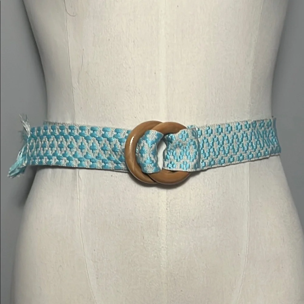 LAST CHANCE Woven Fabric Belt Blue Cream Geometric Print Bamboo Style